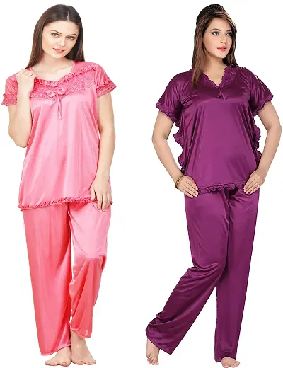 Womens'S Solid Satin Top Pyjama Set