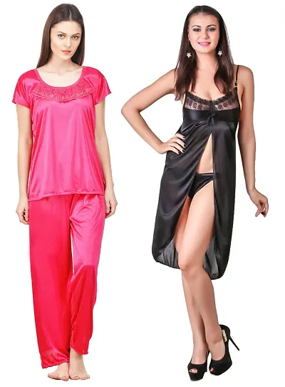 Women'S Solid Satin 1 Top, 1 Pyjama And 1 Nighty