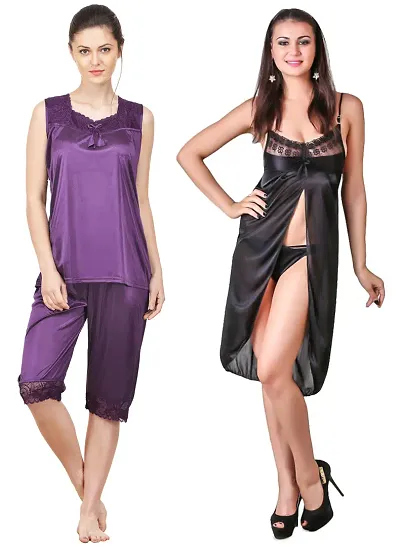 Women'S Solid Satin 1 Top, 1 Pyjama And 1 Nighty