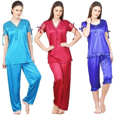 Beautiful Solid Satin Night Suit Set For Women Pack Of 3