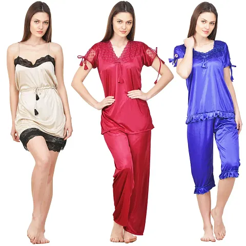 Beautiful Solid Satin Night Suit Set For Women Pack Of 3