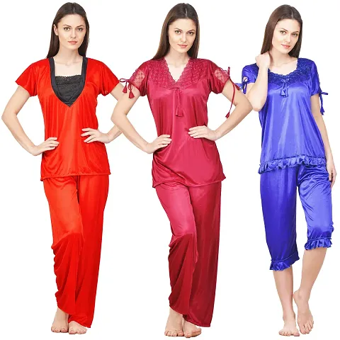 Beautiful Solid Satin Night Suit Set For Women Pack Of 3