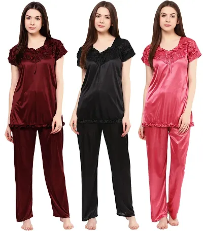 Beautiful Solid Satin Night Suit Set For Women Pack Of 3