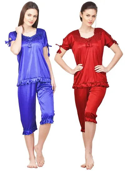 Womens Satin Loungewear Set/Night Suit Set - Pack Of 2