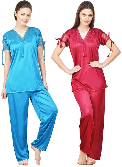 Beautiful Solid Satin Night Suits Pack Of 2