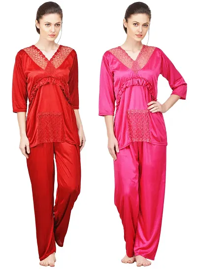 Beautiful Solid Satin Night Suits Pack Of 2