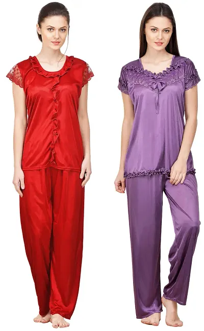 Beautiful Solid Satin Night Suits Pack Of 2