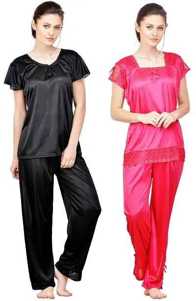 Beautiful Solid Satin Night Suits Pack Of 2