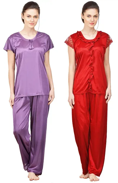 Beautiful Solid Satin Night Suits Pack Of 2