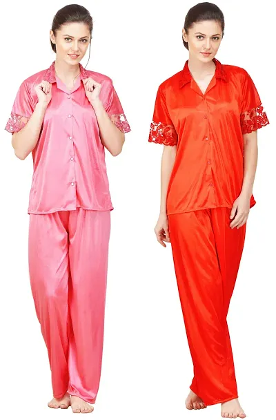 Beautiful Solid Satin Night Suits Pack Of 2