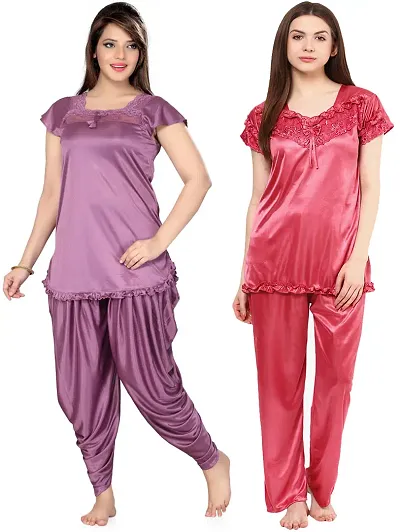 Beautiful Solid Satin Night Suit Set For Women Pack Of 2