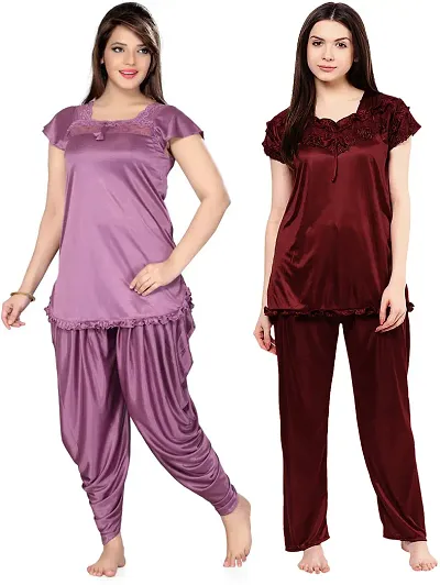 Beautiful Solid Satin Night Suit Set For Women Pack Of 2