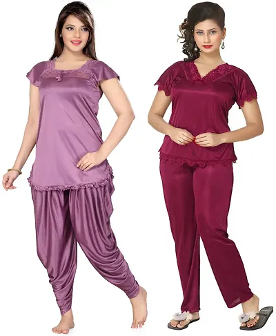 Beautiful Solid Satin Night Suit Set For Women Combo Pack Of 2