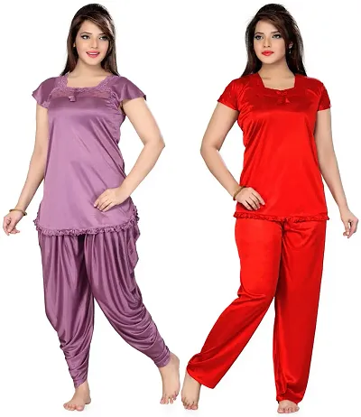 Beautiful Solid Satin Night Suit Set For Women Pack Of 2