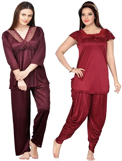 Beautiful Solid Satin Night Suit Set For Women Pack Of 2