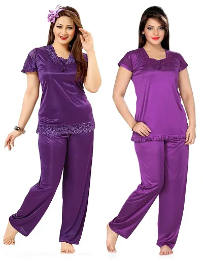 Beautiful Solid Satin Night Suit Set For Women Combo Pack Of 2