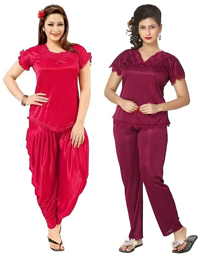 Beautiful Solid Satin Night Suit Set For Women Combo Pack Of 2