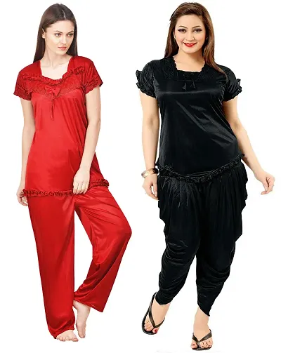 Beautiful Solid Satin Night Suit Set For Women Combo Pack Of 2