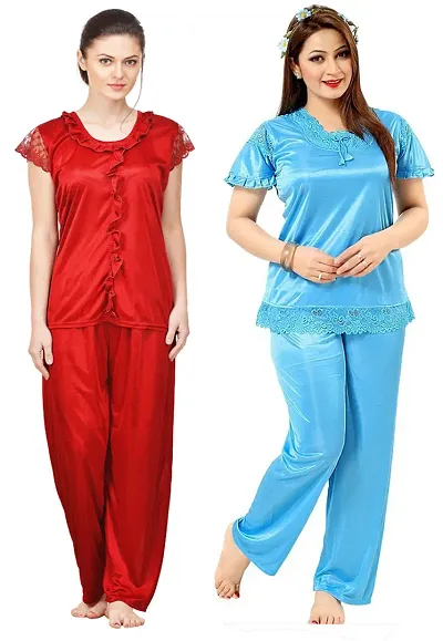 Beautiful Solid Satin Night Suit Set For Women Combo Pack Of 2