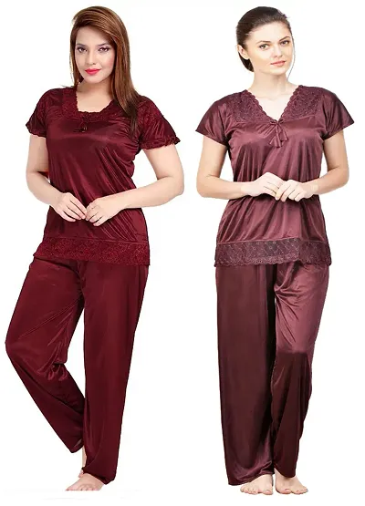 Beautiful Solid Satin Night Suit Set For Women Combo Pack Of 2