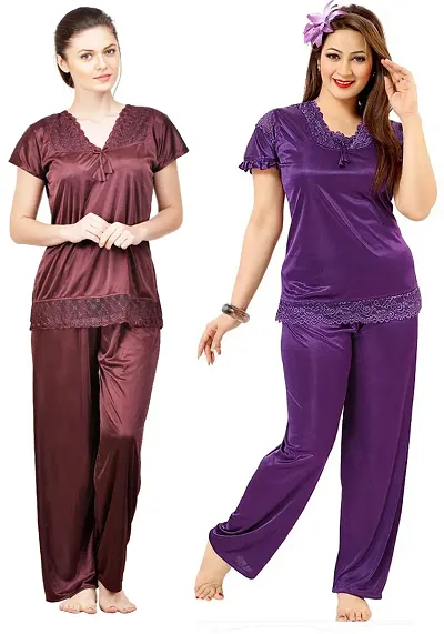 Beautiful Solid Satin Night Suit Set For Women Combo Pack Of 2