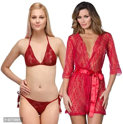 Stylish Red Satin Lace Bra And Panty with Babydoll Set For Women