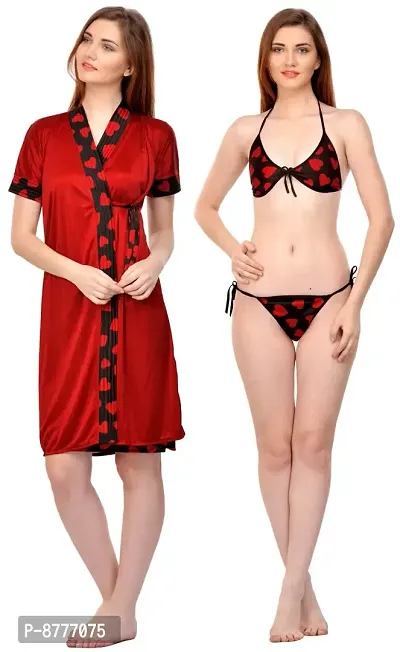 Stylish Satin Printed Bra And Panty with Robe Set For Women