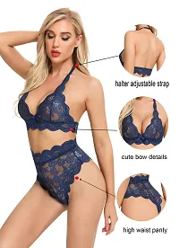 Stylish Dark Blue Lace Bra And Panty Set For Women-thumb3