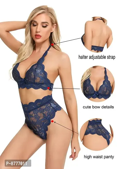 Stylish Dark Blue Lace Bra And Panty Set For Women-thumb4