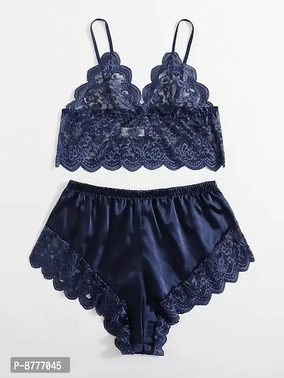 Stylish Dark Blue Satin Lace Bra And Panty Set For Women