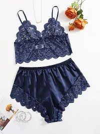 Stylish Dark Blue Satin Lace Bra And Panty Set For Women-thumb1