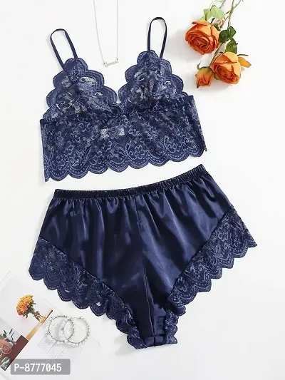 Stylish Dark Blue Satin Lace Bra And Panty Set For Women-thumb2