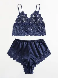 Stylish Dark Blue Satin Lace Bra And Panty Set For Women-thumb2