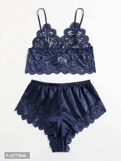 Stylish Dark Blue Satin Lace Bra And Panty Set For Women-thumb3