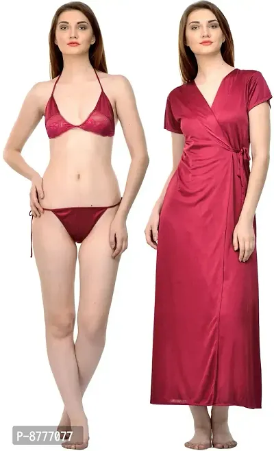 Stylish Red Satin Solid Bra And Panty with Robe Set For Women