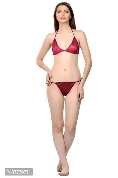 Stylish Red Satin Solid Bra And Panty with Robe Set For Women-thumb2