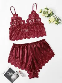 Stylish Maroon Satin Lace Bra And Panty Set For Women-thumb1