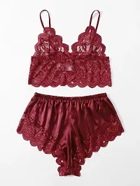 Stylish Maroon Satin Lace Bra And Panty Set For Women-thumb3