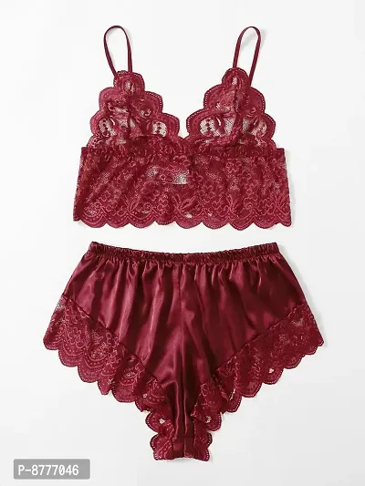 Stylish Maroon Satin Lace Bra And Panty Set For Women-thumb4