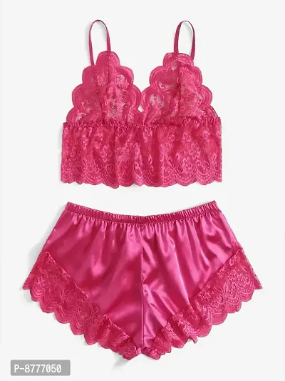 Stylish Pink Satin Lace Bra And Panty Set For Women-thumb0