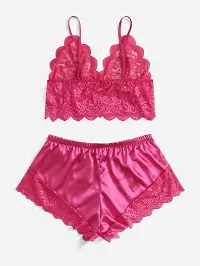Stylish Pink Satin Lace Bra And Panty Set For Women-thumb2