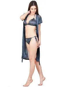 Stylish Grey Satin Solid Bra And Panty with Robe Set For Women-thumb2