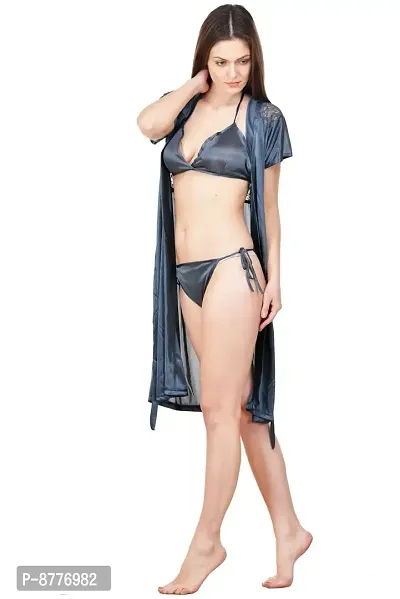 Stylish Grey Satin Solid Bra And Panty with Robe Set For Women-thumb3