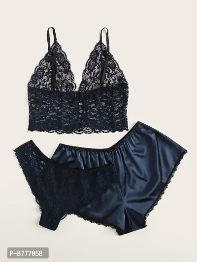 Stylish Black Satin Lace Bra And Panty Set For Women-thumb2