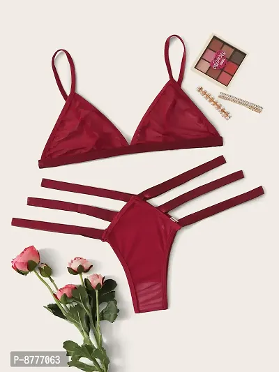 Stylish Maroon Net Solid Bra And Panty Set For Women