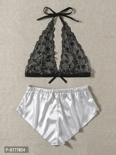 Stylish Satin Lace Bra And Panty Set For Women