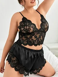 Stylish Black Satin Lace Bra And Panty Set For Women-thumb2