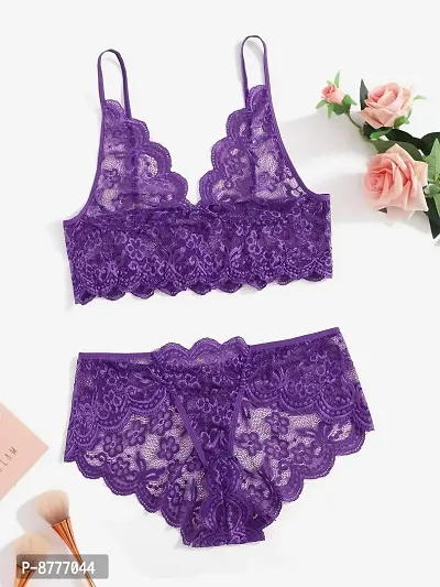 Stylish Purple Lace Bra And Panty Set For Women