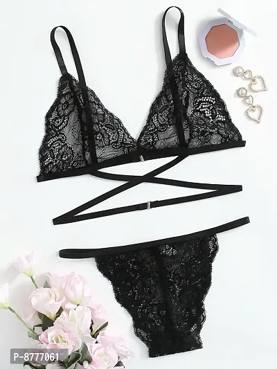 Stylish Black Lace Bra And Panty Set For Women-thumb0