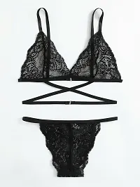 Stylish Black Lace Bra And Panty Set For Women-thumb1